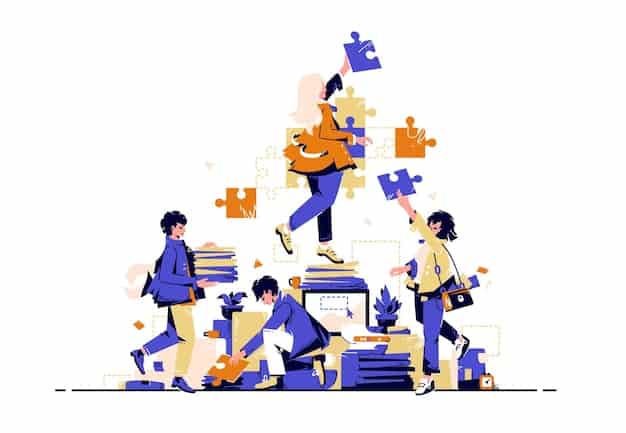 Teamwork and collaboration in business. concept of partnership, support and communication in work. vector flat illustration with people assembling jigsaw with puzzle pieces together