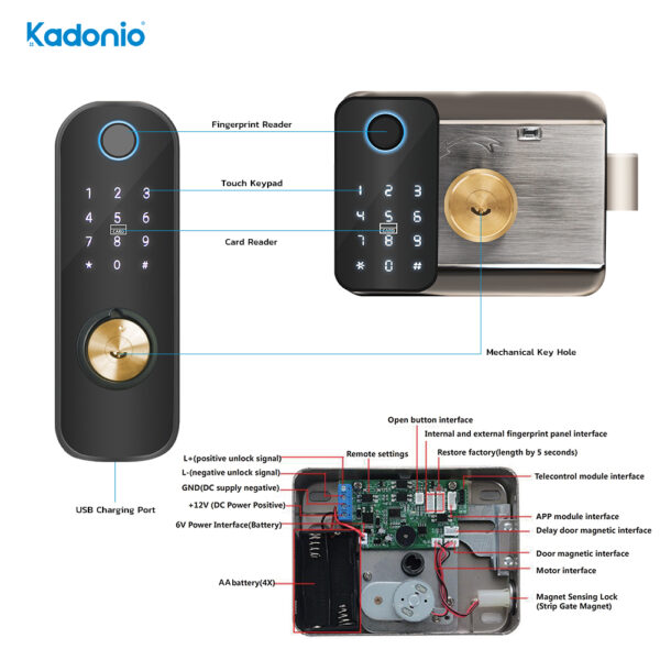 Kadonio Electronic Tuya WiFi APP Remote Control Digital Double Keypad Fingerprint Rim Smart Gate Lock For Door - Image 3